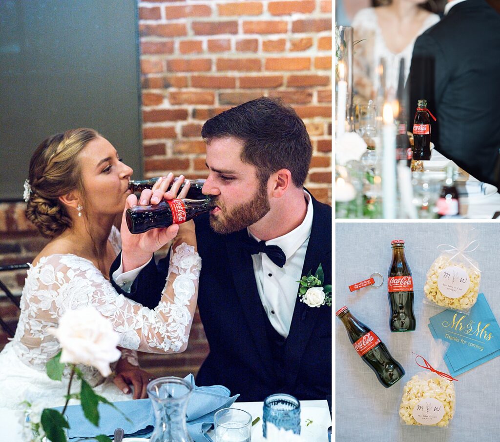A coke toast between the bride and groom