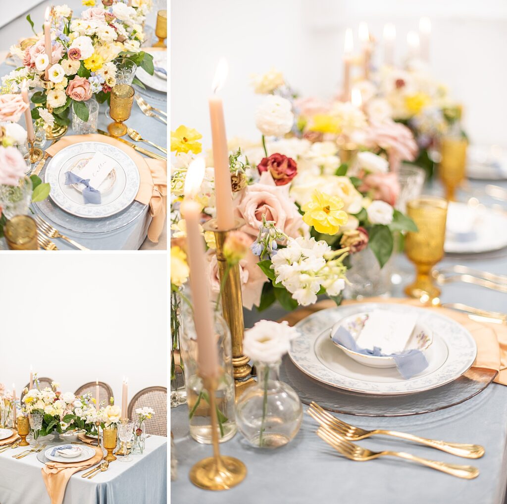 Bright modern brand colored tablescape of styled shoot